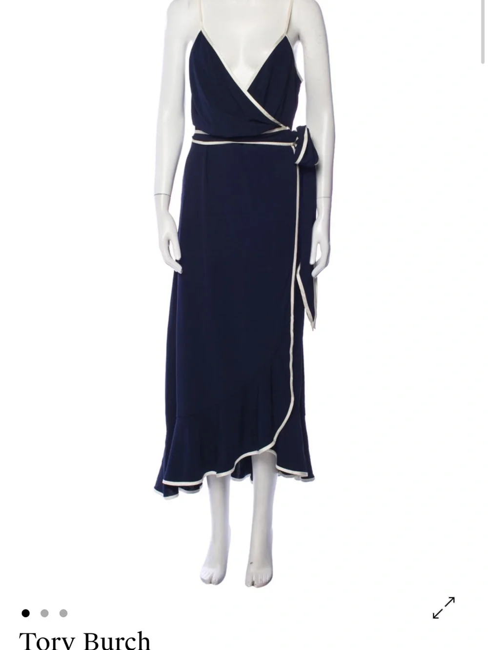 Tory Burch Navy Wrap Midi Dress with Ivory Trim Accents